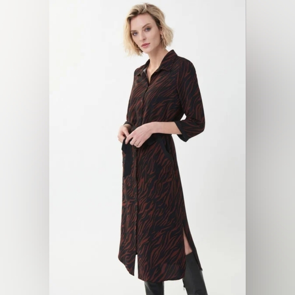 Joseph Ribkoff Brown Animal Print Midi Dress Long Sleeve Pockets Duster Size 4 - Picture 1 of 14